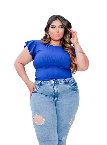 Imagem de Blusa canelada plus size gola rasa manga curta 2 babados moda casual feminina elegante