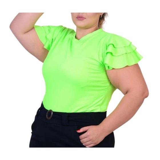 Imagem de Blusa canelada plus size manga curta três babado estilo feminino