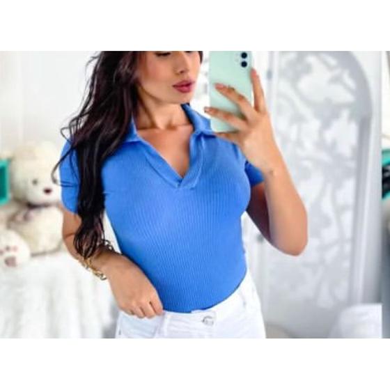 Imagem de Blusa canelada polo manga curta tendência feminina