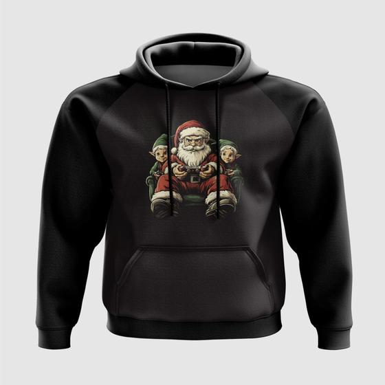 Imagem de Blusa com Capuz Papai Noel Jogando Vídeo-Game com Elfos