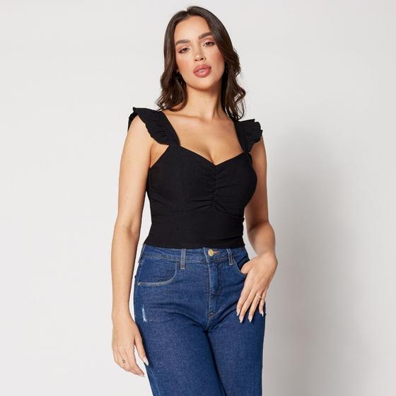 Imagem de Blusa Cropped Alça com Babado e Franzido na Frente Preto