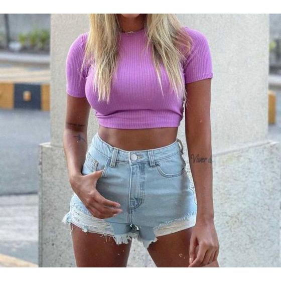 Imagem de Blusa cropped básico canelado feminino blogueira