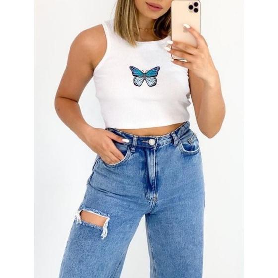 Imagem de Blusa cropped borboleta regata feminino canelada