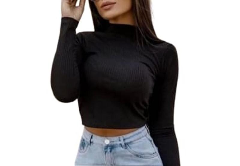 Imagem de Blusa cropped canelada manga longa gola alta feminina