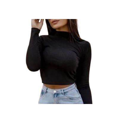 Imagem de Blusa cropped canelada manga longa  gola alta moda feminina casual