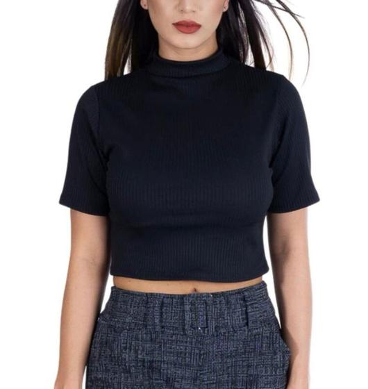 Imagem de Blusa Cropped canelado básico manga curta gola alta feminina estilo