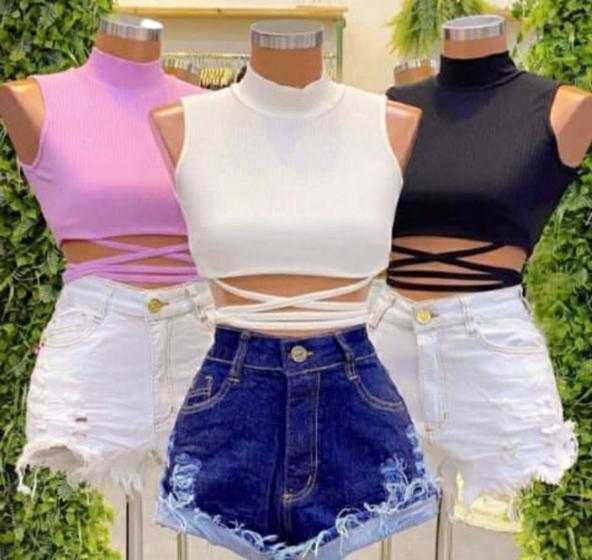 Imagem de Blusa cropped canelado feminino gola alta cavado amarração na cintura