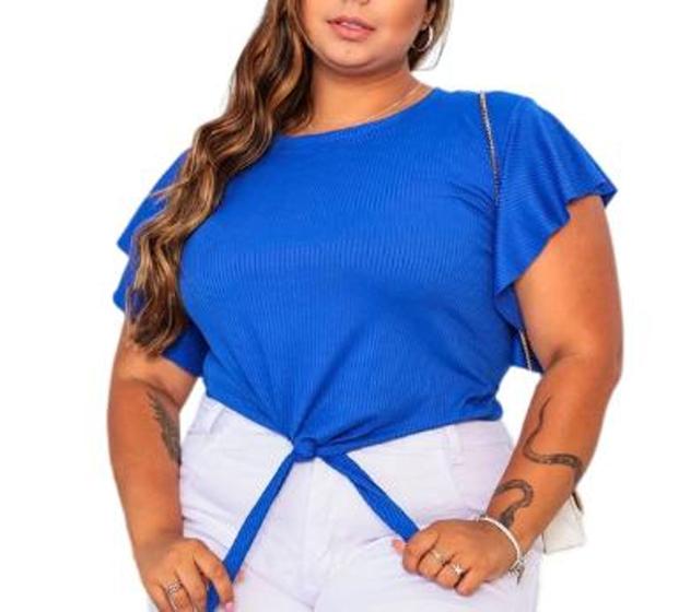 Imagem de Blusa Cropped canelado feminino plus size amarração manga babado estilo