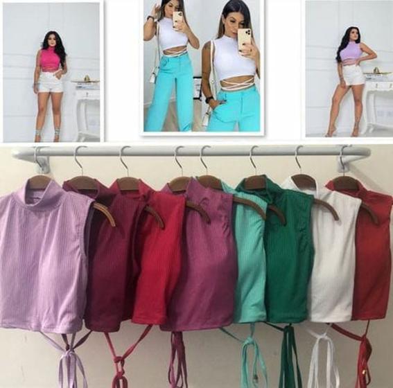 Imagem de Blusa cropped canelado gola alta cavado amarração na cintura