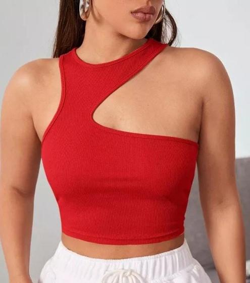 Imagem de Blusa cropped canelado recorte assimétrico um ombro  sem bojo moda básica