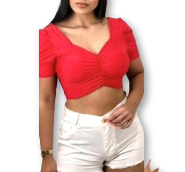 Imagem de Blusa cropped decote drapeado manga bufante poliéster feminino blogueira