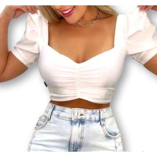 Imagem de Blusa cropped decote drapeado manga bufante poliéster tendência  feminina