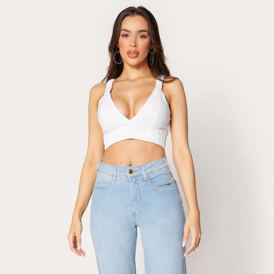 Imagem de Blusa Cropped Decote V com Elástico e Bojo Branco