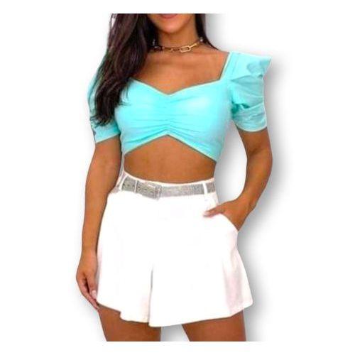 Imagem de Blusa Cropped drapeado manga princesa amarração nas costas feminino tendência