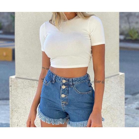 Imagem de Blusa cropped feminina basica canelada gola rasa manga curta