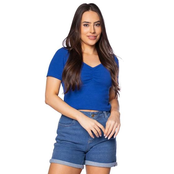 Imagem de Blusa Cropped Feminina Feliny Canelada com Detalhe Franzido Azul