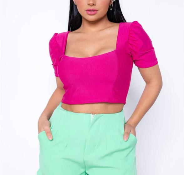 Imagem de Blusa Cropped feminina manga princesa decote reto poliéster estilo