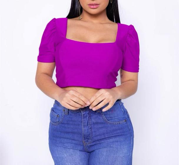 Imagem de Blusa Cropped feminina manga princesa elegante decote reto poliéster