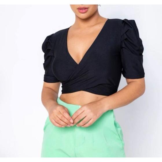 Imagem de Blusa cropped feminina multiuso manga curta bufante fashion