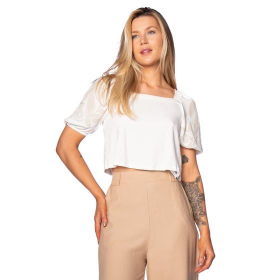 Imagem de Blusa Cropped Feminina Rovitex com Mangas Estampadas Off White