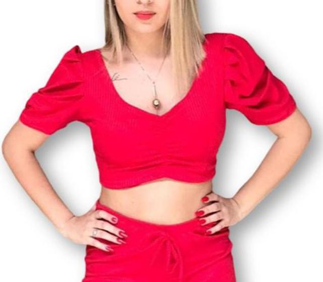 Imagem de blusa cropped feminino canelada com bojo decote drapeado manga princesa fashion