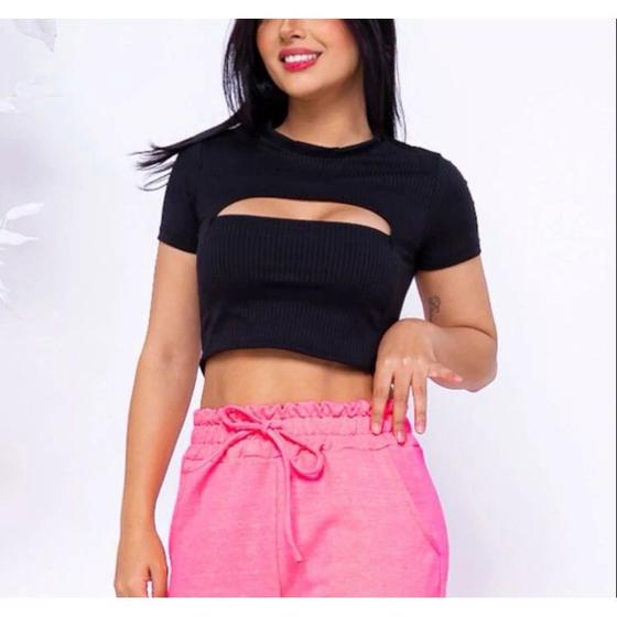 Imagem de Blusa Cropped feminino canelada decote gota manga curta fashion