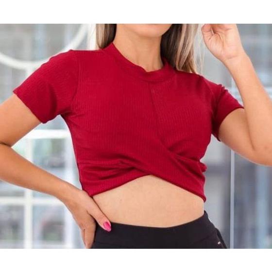 Imagem de Blusa cropped feminino canelada manga curta sem bojo transpassada moda feminina