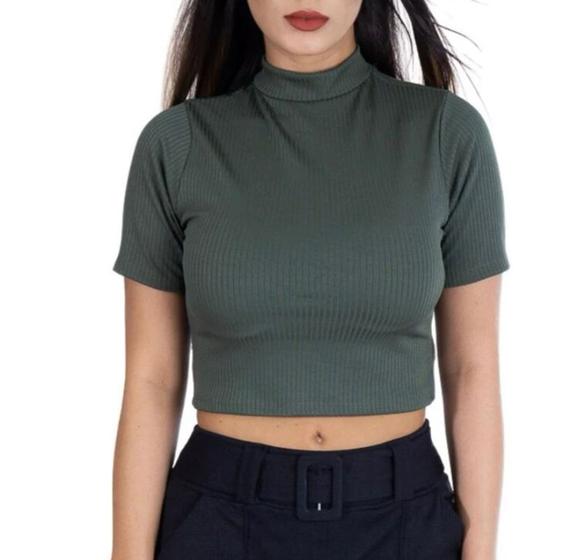 Imagem de Blusa Cropped feminino canelado básico manga curta gola alta elegante