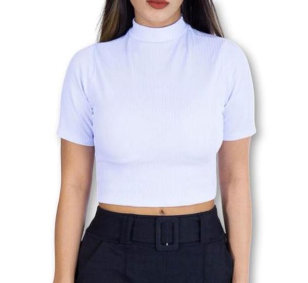 Imagem de Blusa Cropped feminino canelado básico manga curta gola alta estilo fashion