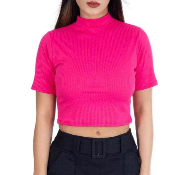 Imagem de Blusa Cropped feminino canelado básico manga curta gola alta moda fashion