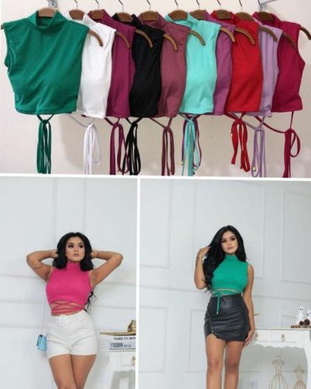 Imagem de Blusa cropped feminino canelado gola alta cavado amarração na cintura