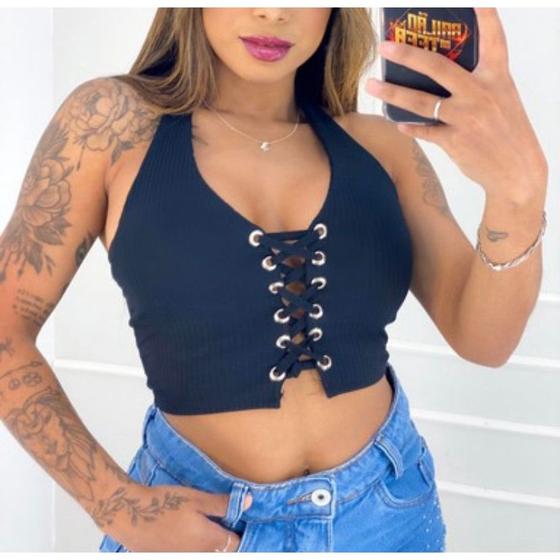 Imagem de Blusa cropped feminino canelado ilhòs com bojo moda feminina