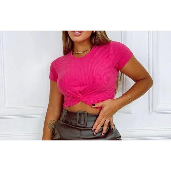 Imagem de Blusa cropped feminino canelado manga curta nozinho transpassado frontal estilo