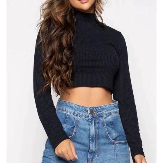 Imagem de Blusa Cropped feminino canelado manga longa gola alta gringa