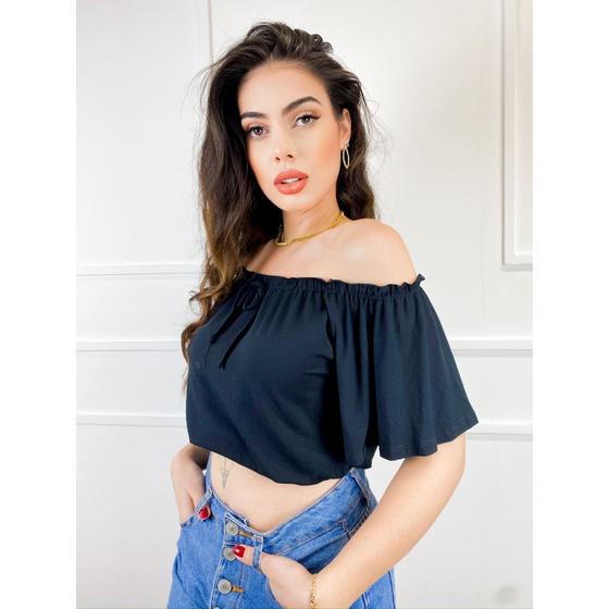 Imagem de Blusa Cropped feminino  ciganinha lacinho manga curta fluida elástico na cintura básico