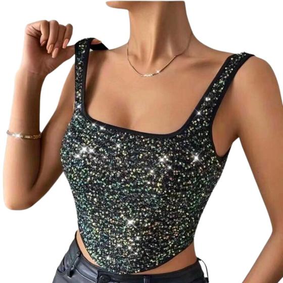 Imagem de Blusa Cropped Feminino Com Paetê Brilho Festa Balada Decote