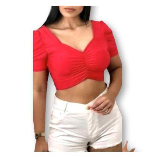 Imagem de Blusa cropped feminino decote drapeado manga bufante poliéster moda influencer