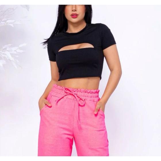 Imagem de Blusa Cropped feminino decote gota manga curta tecido canelado confortável