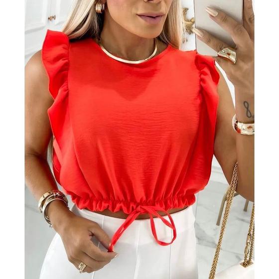 Imagem de Blusa cropped feminino duna cavada babado elástico e lacinho na cintura elegante