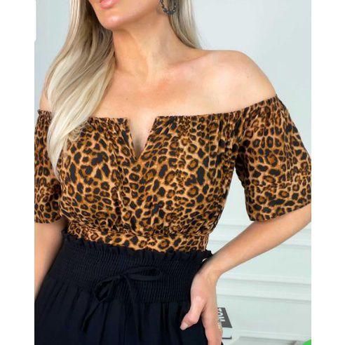 Imagem de Blusa Cropped feminino duna ombro a ombro onça decote V manga curta roupas femininas