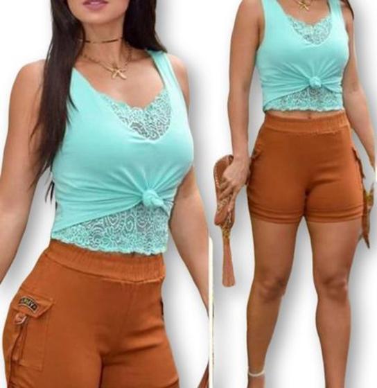 Imagem de Blusa cropped feminino forro renda sobreposta regata tendência feminina