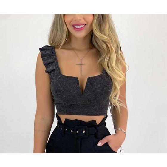 Imagem de Blusa Cropped feminino lurex alça babado decote v com bojo gringa