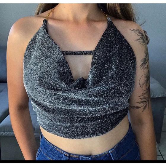 Imagem de Blusa cropped feminino lurex alça corrente frente única tendência