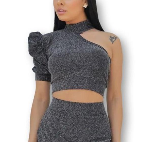 Imagem de Blusa cropped feminino lurex ombro só bufante recorte gola alta tendência feminina