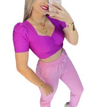 Imagem de Blusa cropped feminino manga curta drapeado poliéster moda gringa