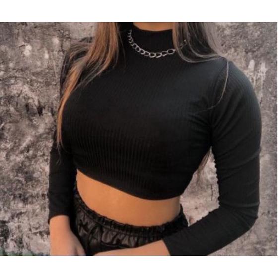 Imagem de Blusa Cropped feminino manga longa gola alta canelada fashion