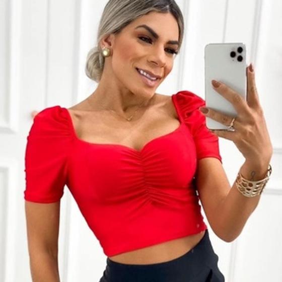 Imagem de Blusa cropped feminino manga princesa drapeado na frente