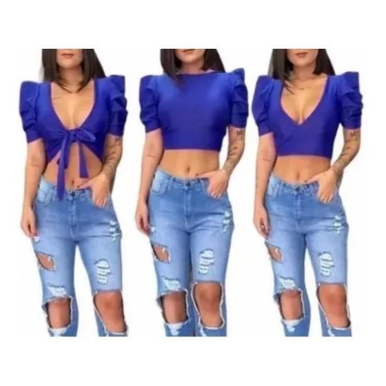 Imagem de Blusa cropped feminino multiformas manga curta princesa amarração fashion