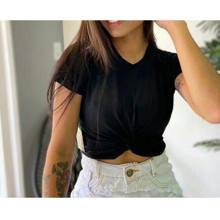 Imagem de Blusa cropped feminino nozinho manga curta viscolycra sem bojo moda blogueira moda feminina