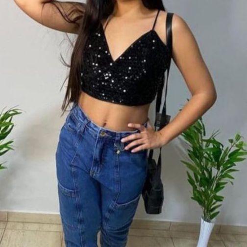 Imagem de Blusa Cropped feminino paetê alça extra fina